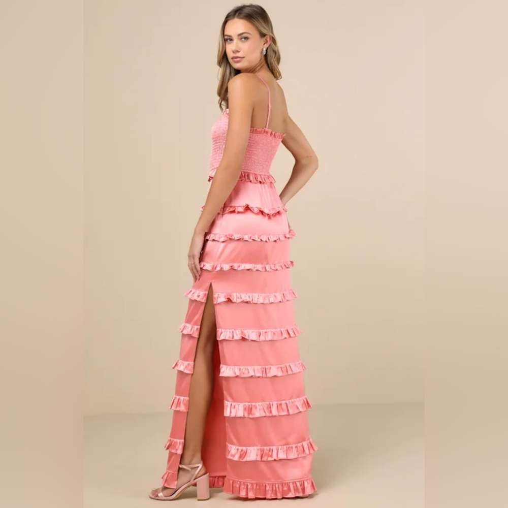 Lulus Sincerely Fabulous Peach Pink Satin Smocked Ruffled Maxi Dress - Size L - Picture 2 of 10